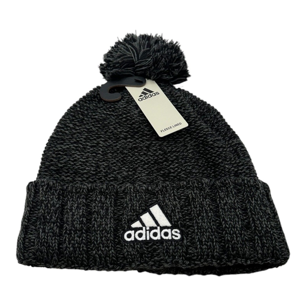 Adidas Recon 3 Ballie‎ Beanie Hat Men's Black Gray Fleece Lined One Size Pom NWT